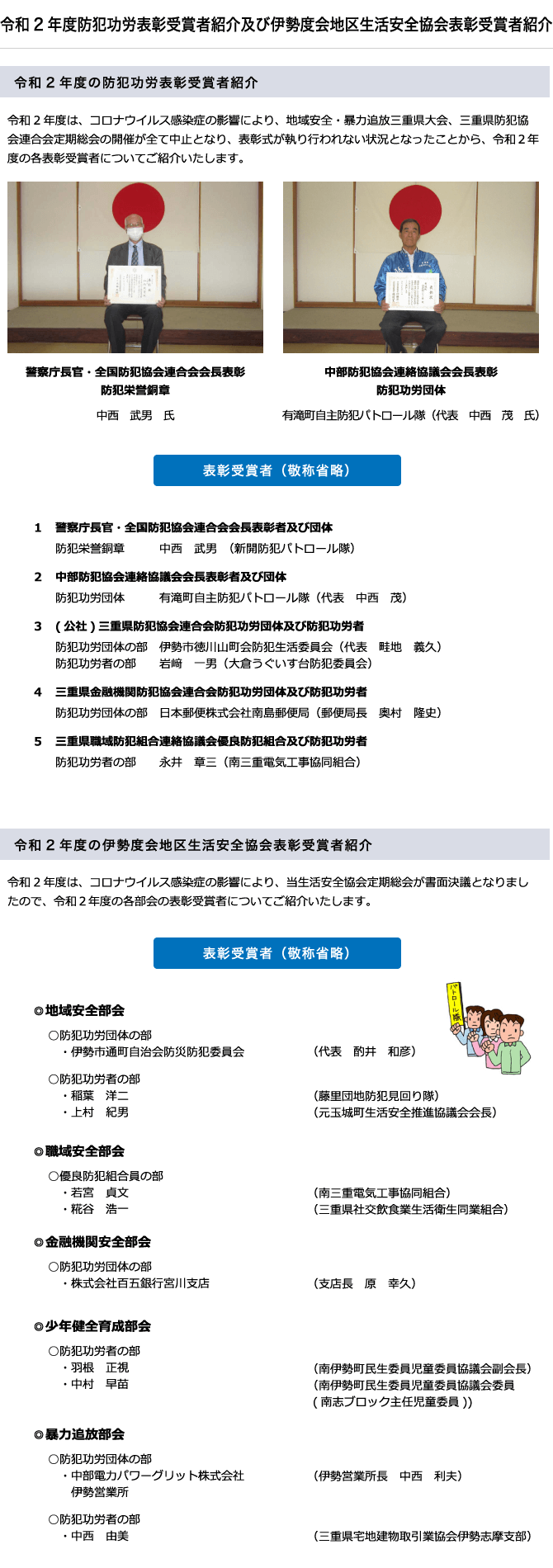 令和2年度防犯功労表彰受賞者紹介及び伊勢度会地区生活安全協会表彰受賞者紹介